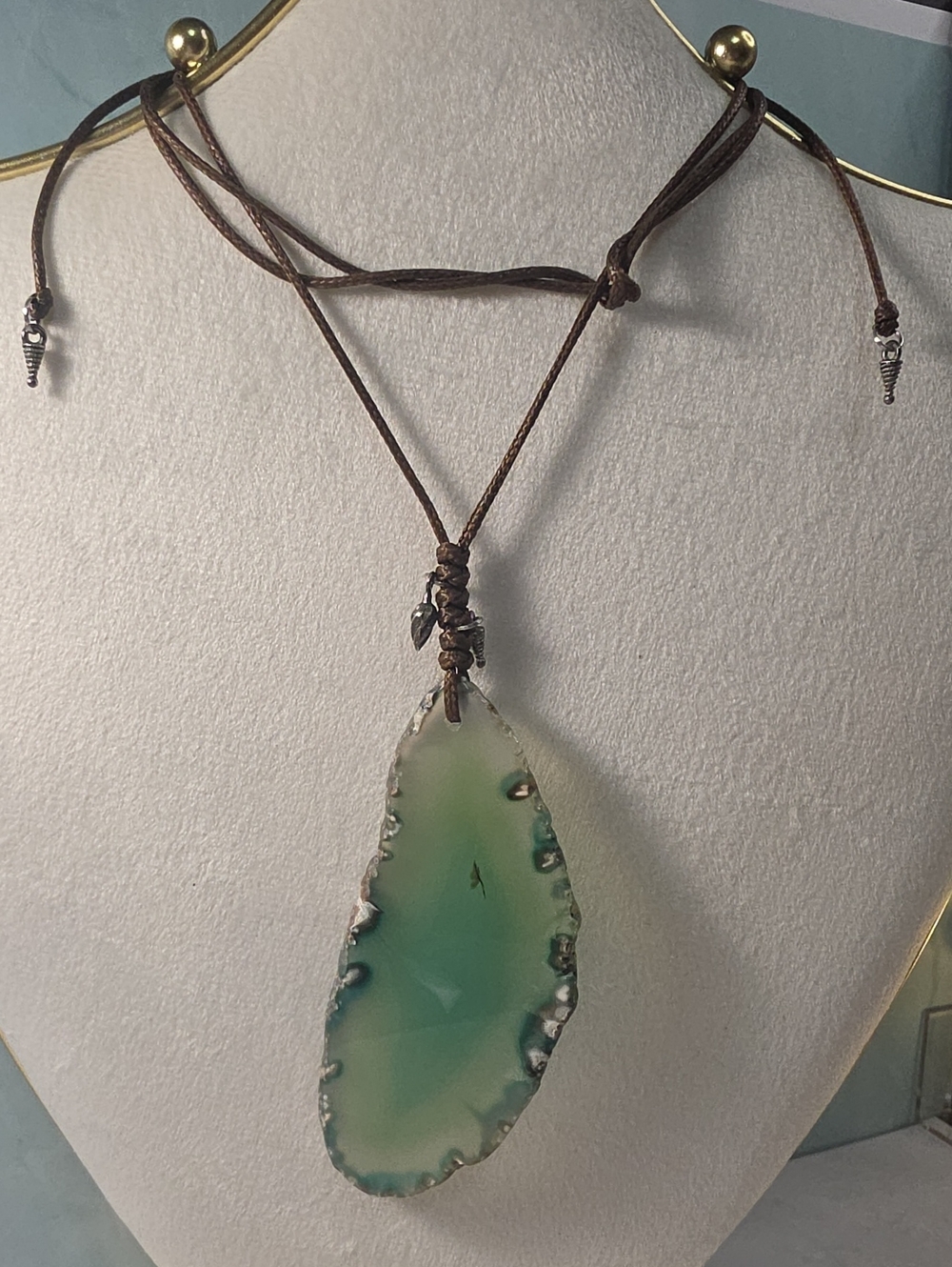 Green Agate Pendant Necklace on Brown Cord - Fashion Jewelry